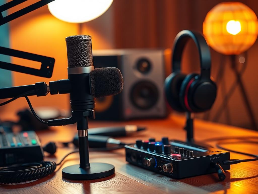 Podcast microphone and headphones on a desk